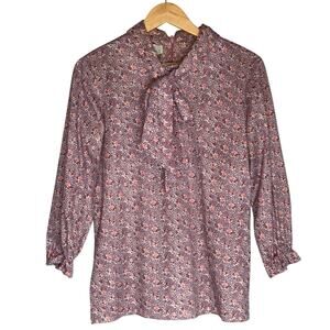 Vintage 70s Tie Neck Pink Secretary Blouse Womens Medium Floral Button Down